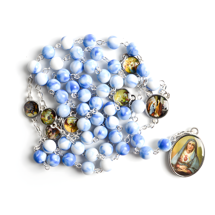 BlessingTree Seven Sorrows Rosary Necklace with Porcelain-Style Blue Acrylic Beads and Our Lady of Sorrows Medal