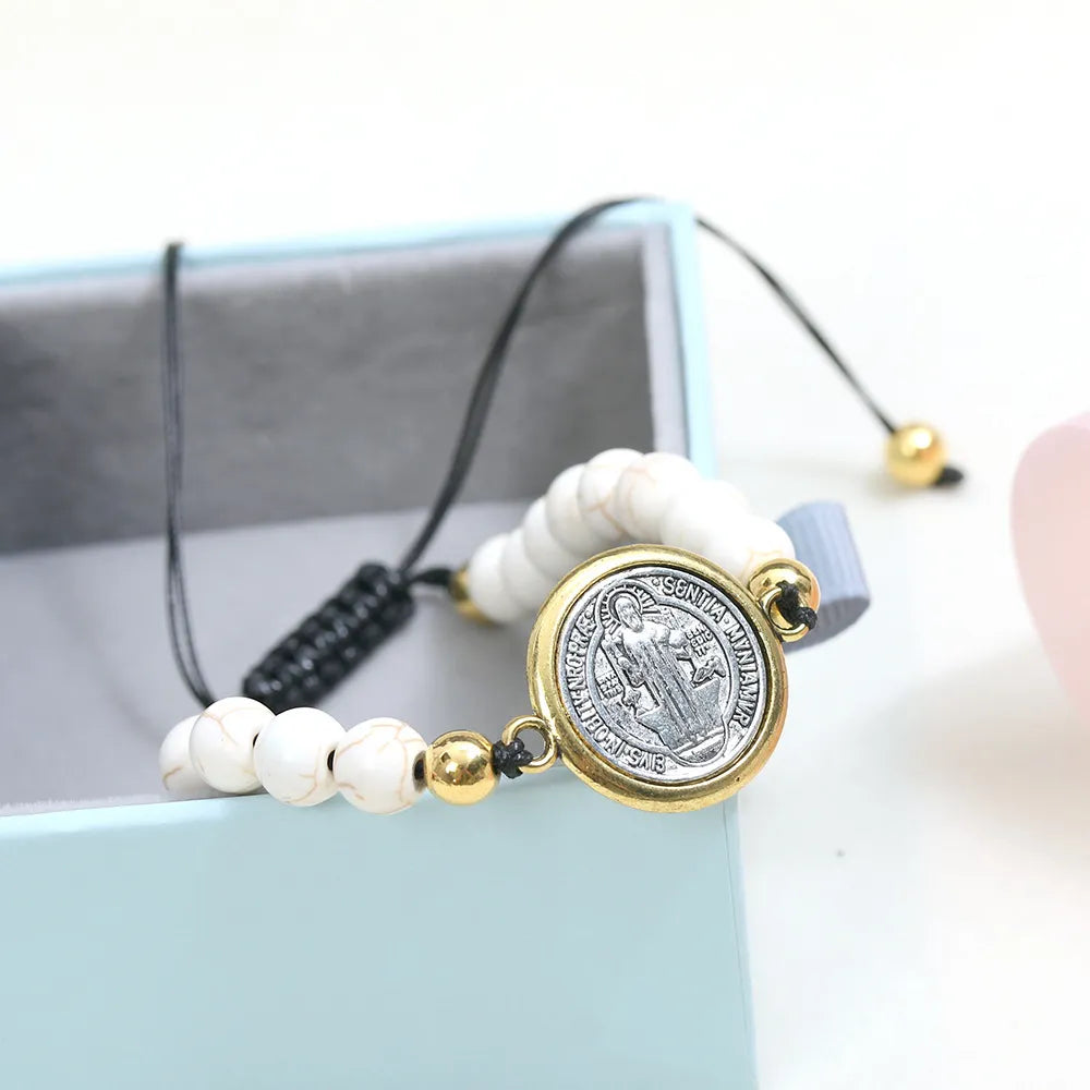 BlessingTree St Benedict Turquoise Beaded Bracelet Catholic Handmade Adjustable Bracelet