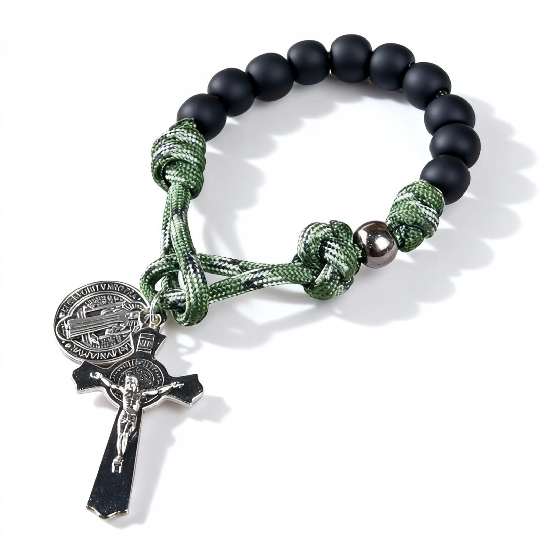 BlessingTree St. Benedict Pocket Rosary – Black Beads with Green Paracord and Silver Crucifix