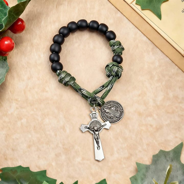 BlessingTree St. Benedict Pocket Rosary – Black Beads with Green Paracord and Silver Crucifix