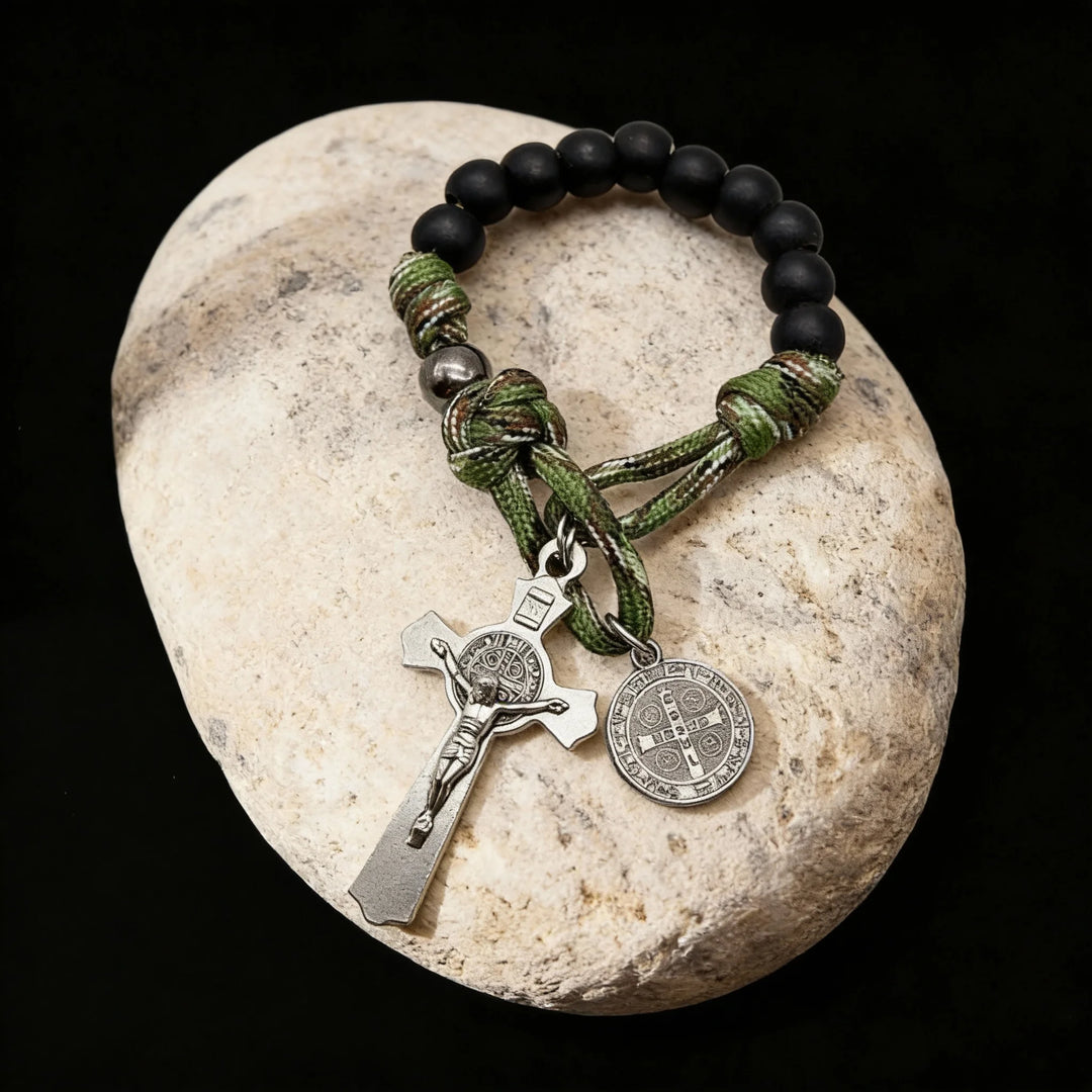 BlessingTree St. Benedict Pocket Rosary – Black Beads with Green Paracord and Silver Crucifix