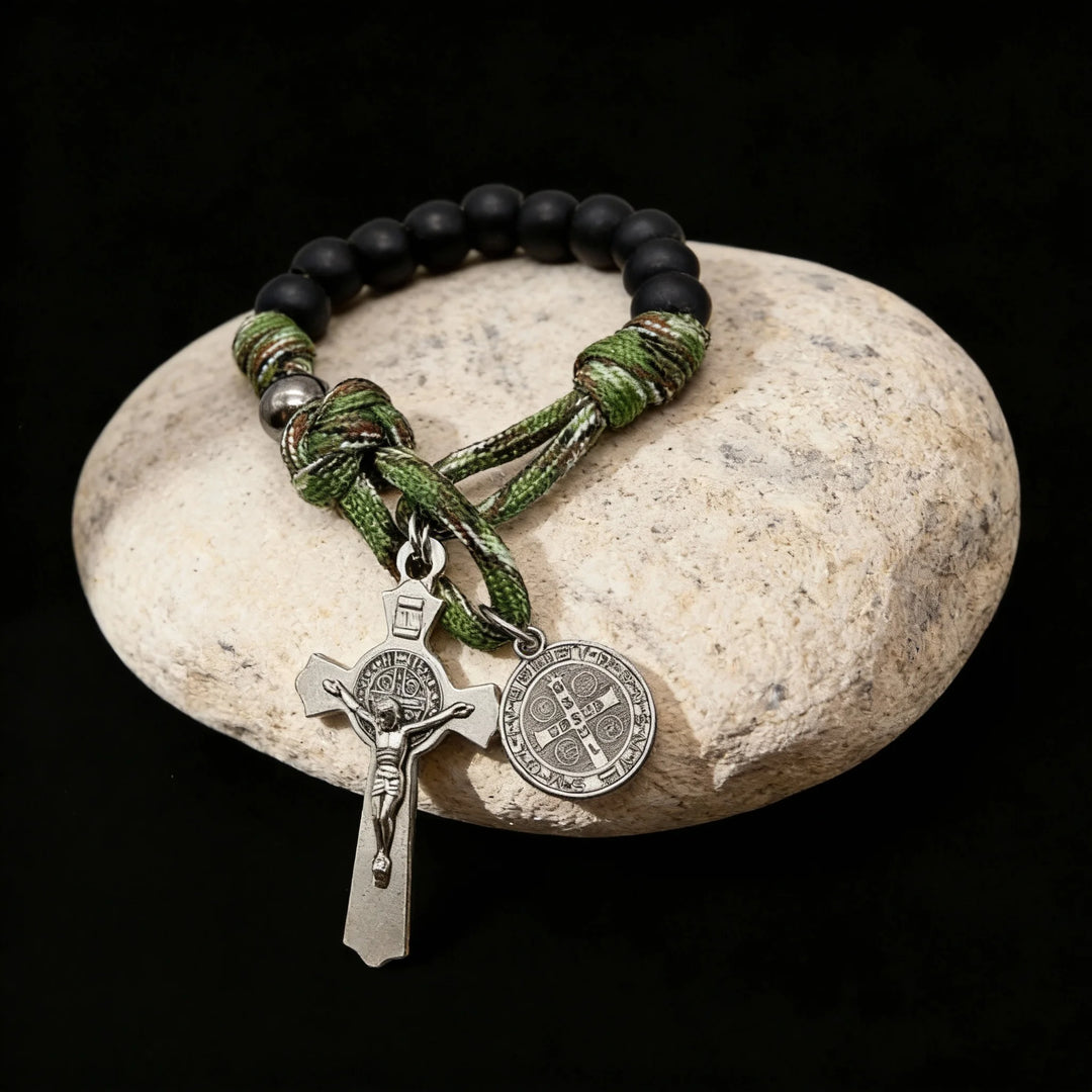 BlessingTree St. Benedict Pocket Rosary – Black Beads with Green Paracord and Silver Crucifix