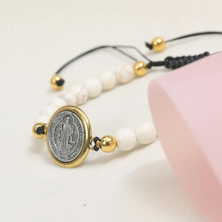 BlessingTree St Benedict Turquoise Beaded Bracelet Catholic Handmade Adjustable Bracelet