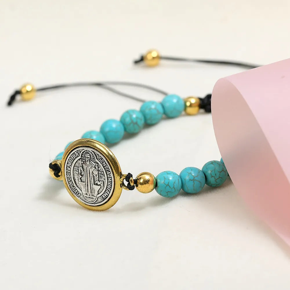 BlessingTree St Benedict Turquoise Beaded Bracelet Catholic Handmade Adjustable Bracelet