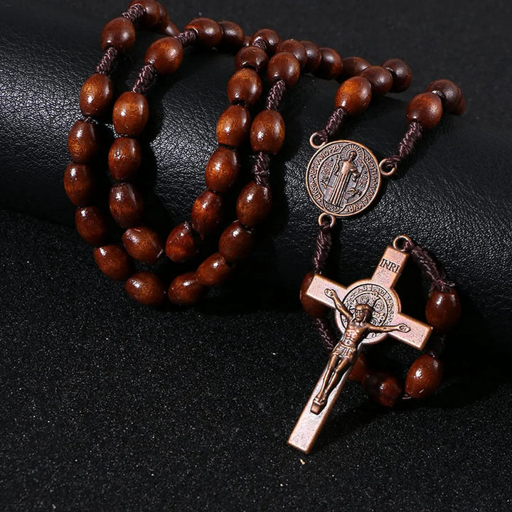 BlessingTree St. Benedict Olive Wood Rosary Necklace