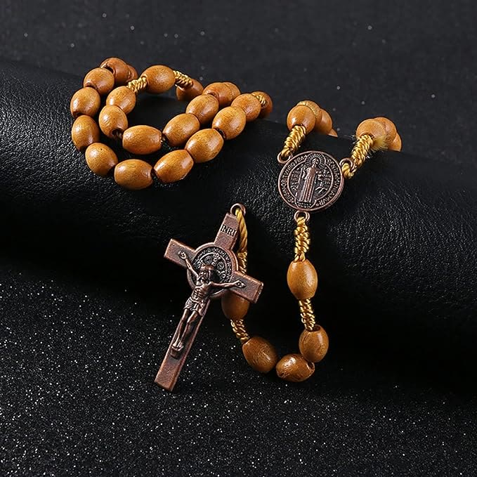 BlessingTree St. Benedict Olive Wood Rosary Necklace