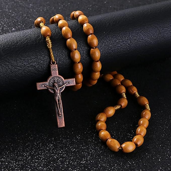 BlessingTree St. Benedict Olive Wood Rosary Necklace