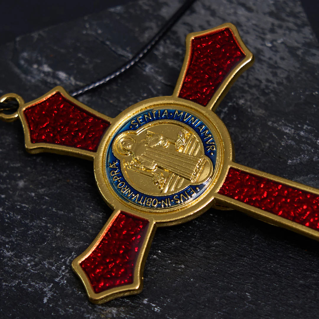 BlessingTree Saint Benedict Crucifix Necklace in Red, Blue, and Black Enamel