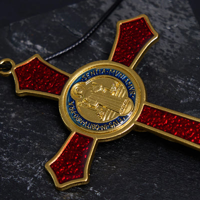 BlessingTree Saint Benedict Crucifix Necklace in Red, Blue, and Black Enamel
