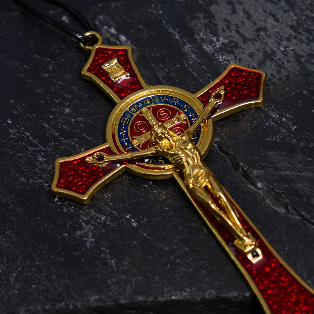 BlessingTree Saint Benedict Crucifix Necklace in Red, Blue, and Black Enamel