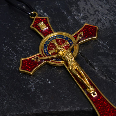 BlessingTree Saint Benedict Crucifix Necklace in Red, Blue, and Black Enamel