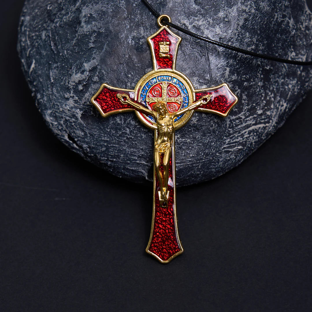 BlessingTree Saint Benedict Crucifix Necklace in Red, Blue, and Black Enamel