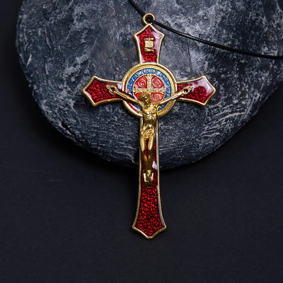 BlessingTree Saint Benedict Crucifix Necklace in Red, Blue, and Black Enamel