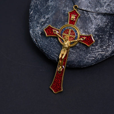 BlessingTree Saint Benedict Crucifix Necklace in Red, Blue, and Black Enamel