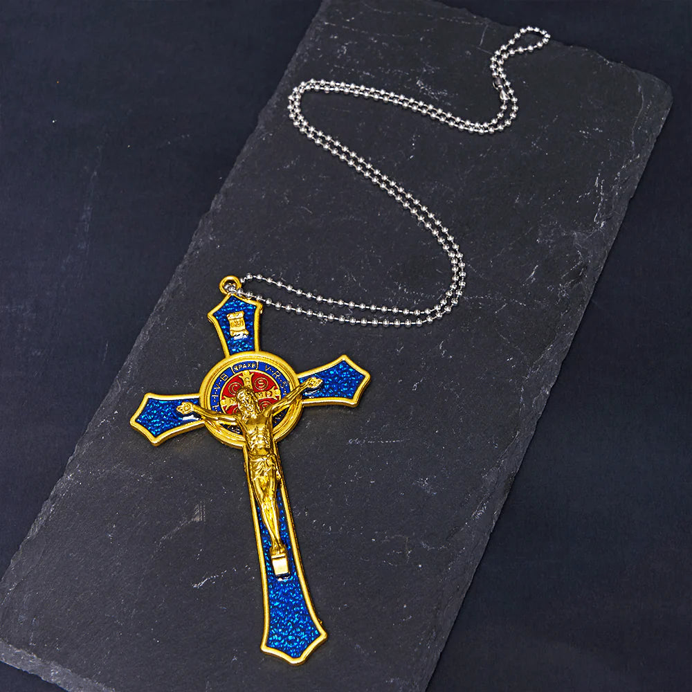 BlessingTree Saint Benedict Crucifix Necklace in Red, Blue, and Black Enamel