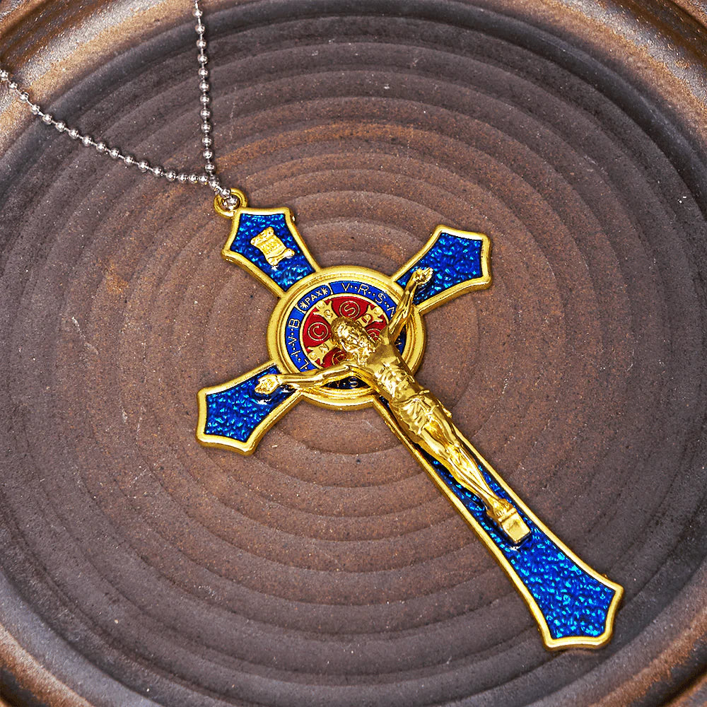BlessingTree Saint Benedict Crucifix Necklace in Red, Blue, and Black Enamel