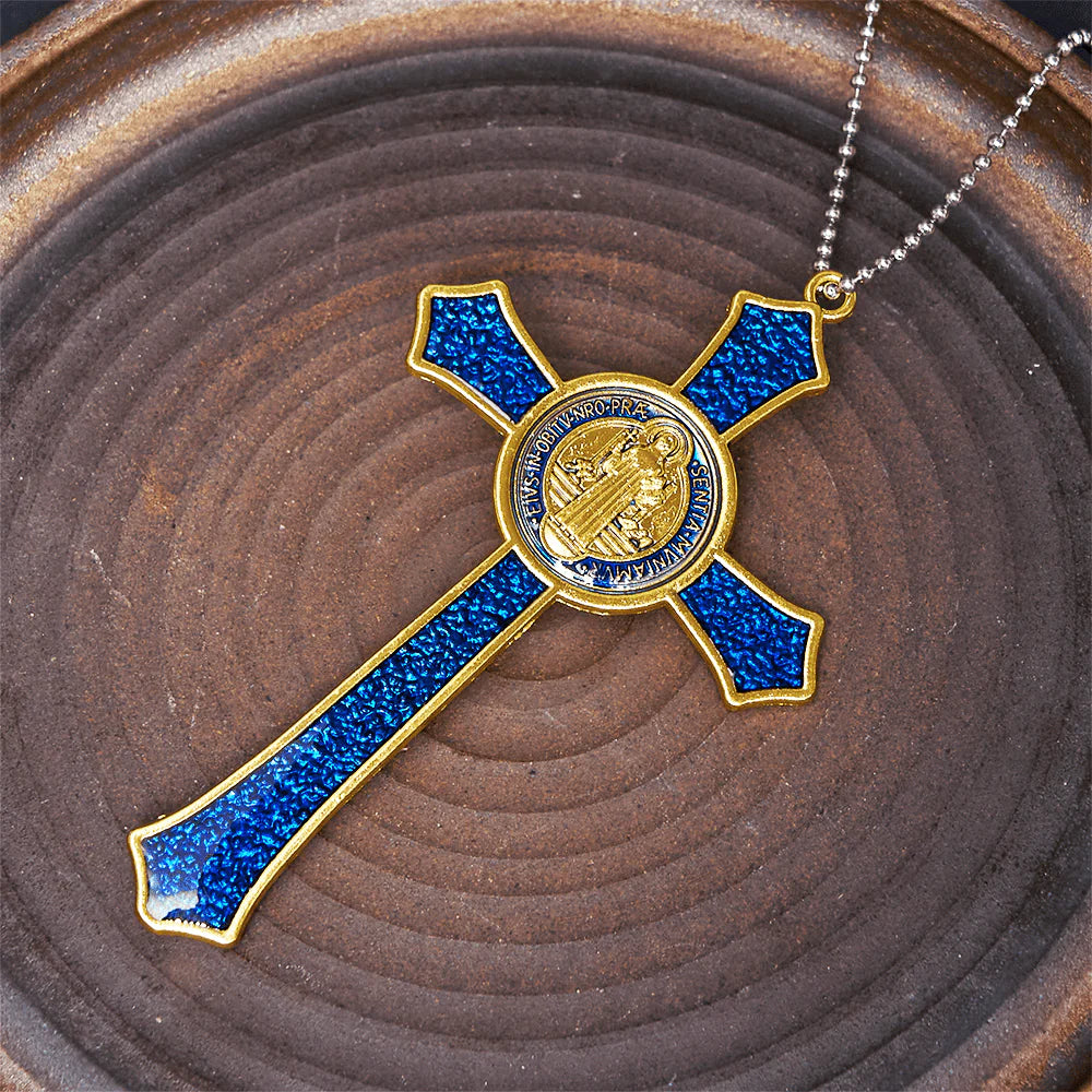 BlessingTree Saint Benedict Crucifix Necklace in Red, Blue, and Black Enamel