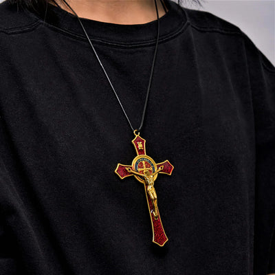 BlessingTree Saint Benedict Crucifix Necklace in Red, Blue, and Black Enamel