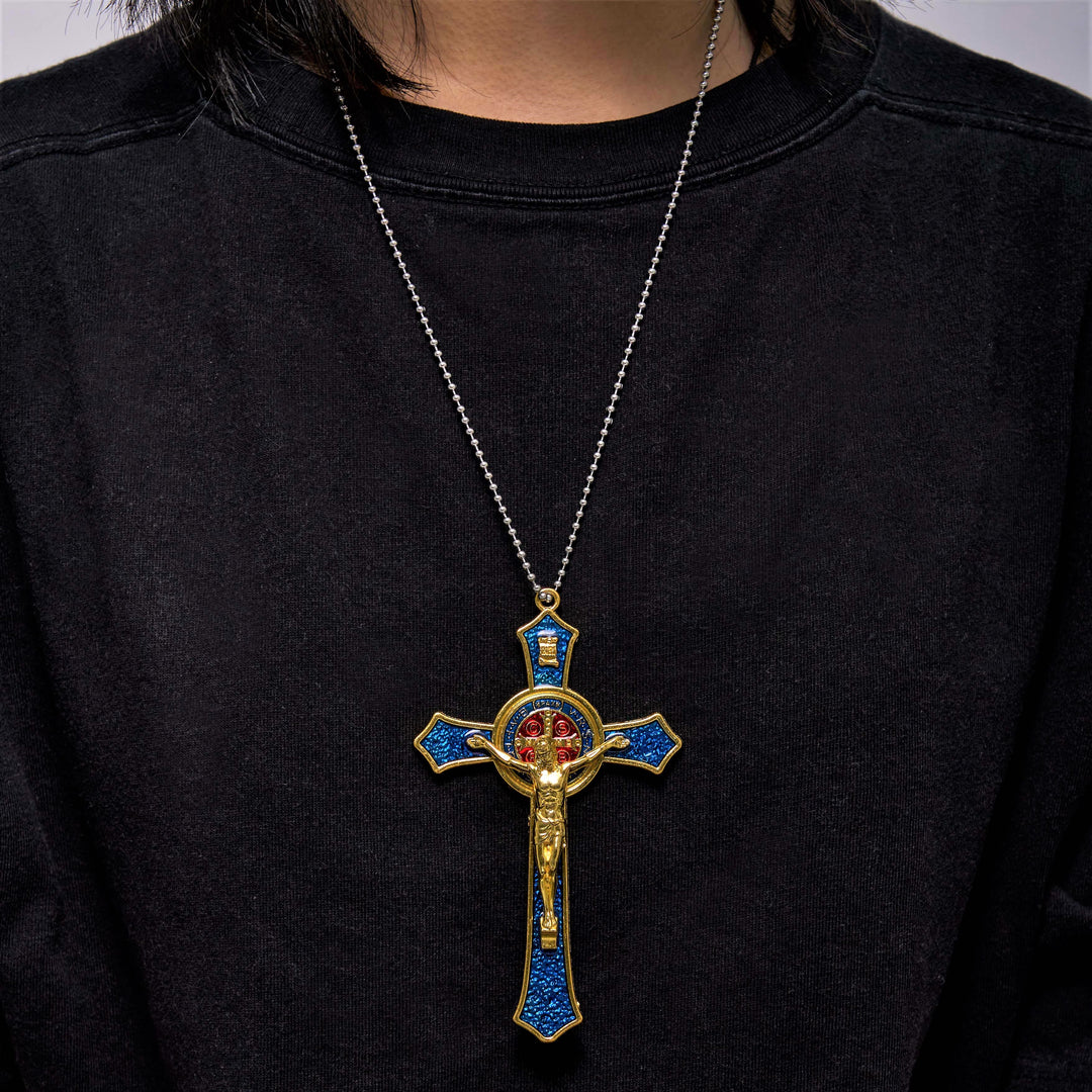 BlessingTree Saint Benedict Crucifix Necklace in Red, Blue, and Black Enamel