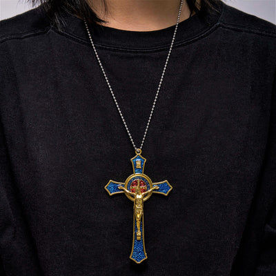 BlessingTree Saint Benedict Crucifix Necklace in Red, Blue, and Black Enamel