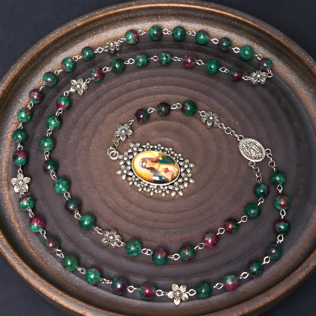 BlessingTree Glass Sacred Heart Rosary Necklace with Natural Stone Beads