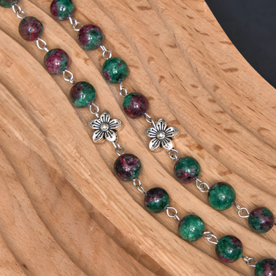 BlessingTree Glass Sacred Heart Rosary Necklace with Natural Stone Beads