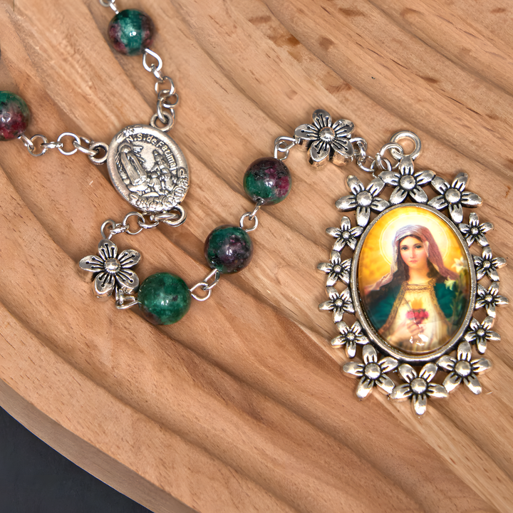 BlessingTree Glass Sacred Heart Rosary Necklace with Natural Stone Beads