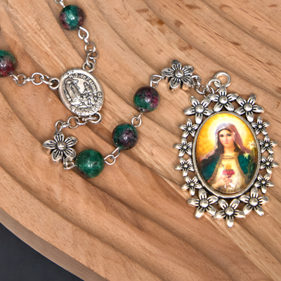 BlessingTree Glass Sacred Heart Rosary Necklace with Natural Stone Beads