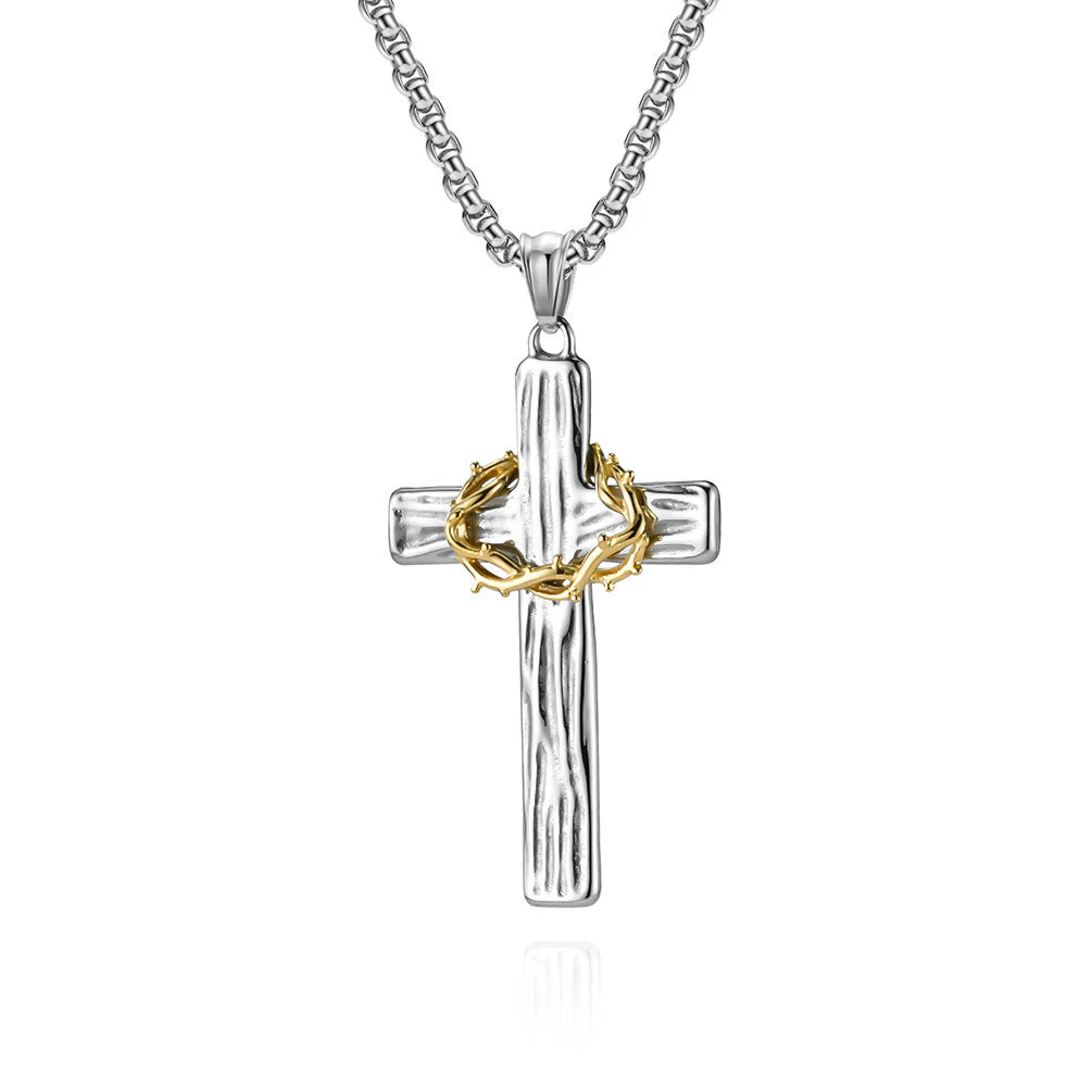 BlessingTree Stainless Steel Cross Necklace with Crown of Thorns