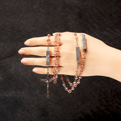 BlessingTree Light Rose Mysteries Rosary Necklace with Silver Crucifix