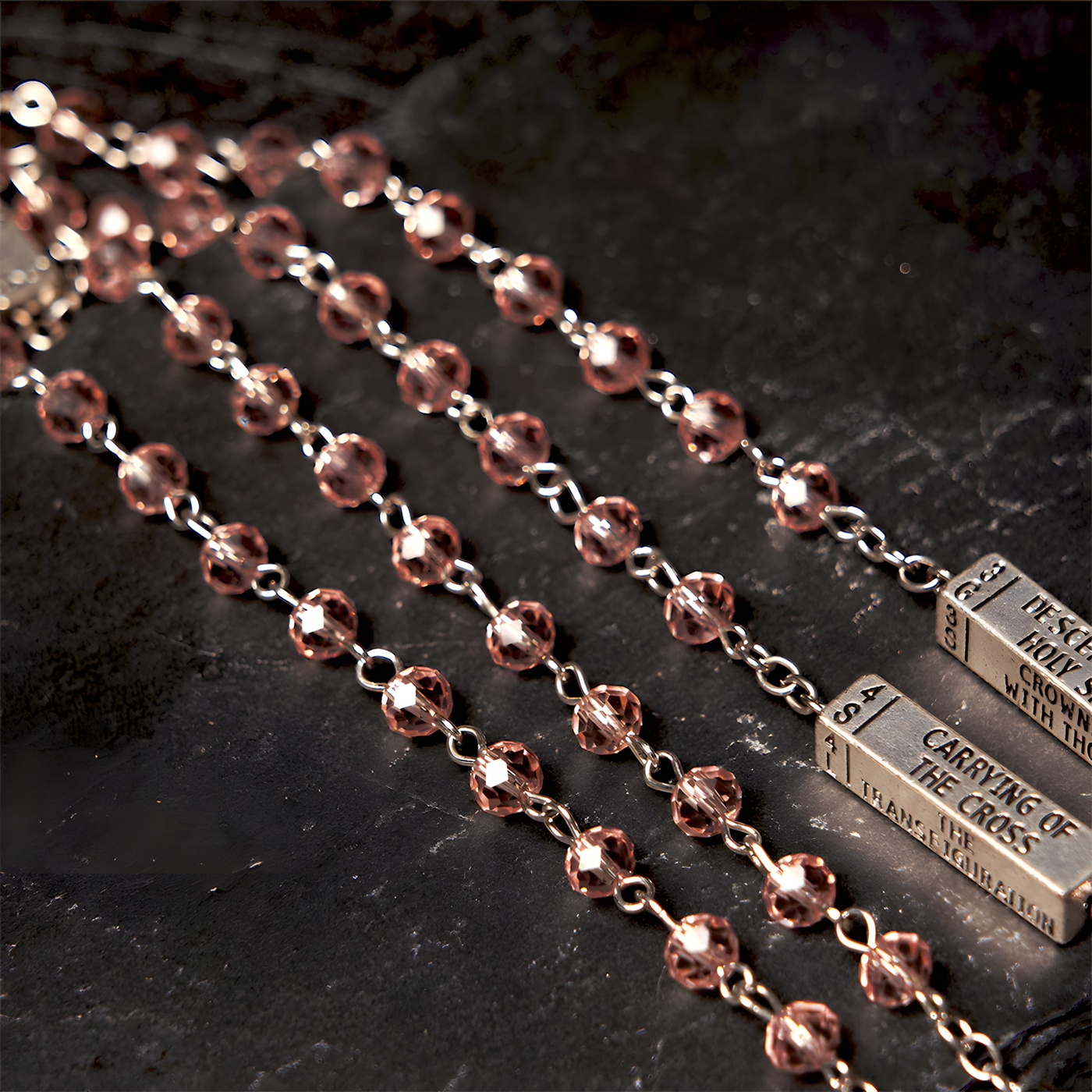 BlessingTree Light Rose Mysteries Rosary Necklace with Silver Crucifix