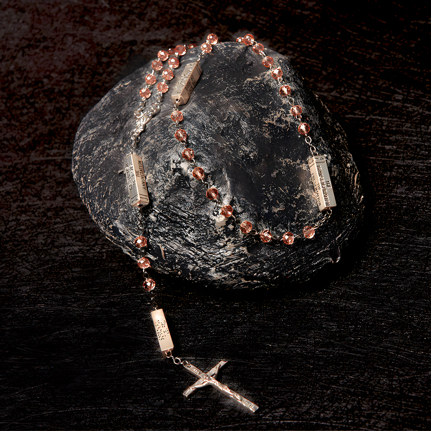 BlessingTree Light Rose Mysteries Rosary Necklace with Silver Crucifix