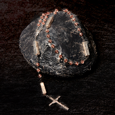 BlessingTree Light Rose Mysteries Rosary Necklace with Silver Crucifix