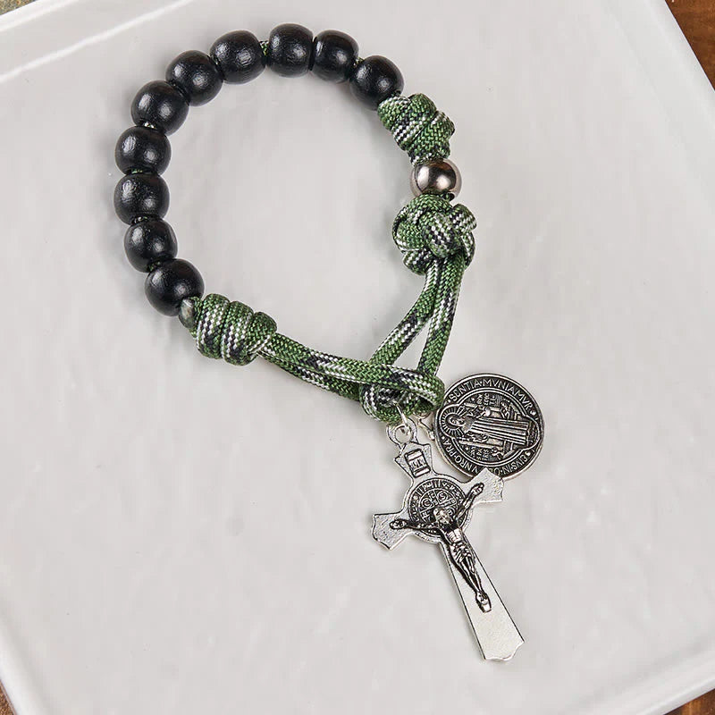 BlessingTree St. Benedict Pocket Rosary – Black Wood Beads with Green Paracord and Silver Crucifix