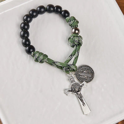 BlessingTree St. Benedict Pocket Rosary – Black Wood Beads with Green Paracord and Silver Crucifix