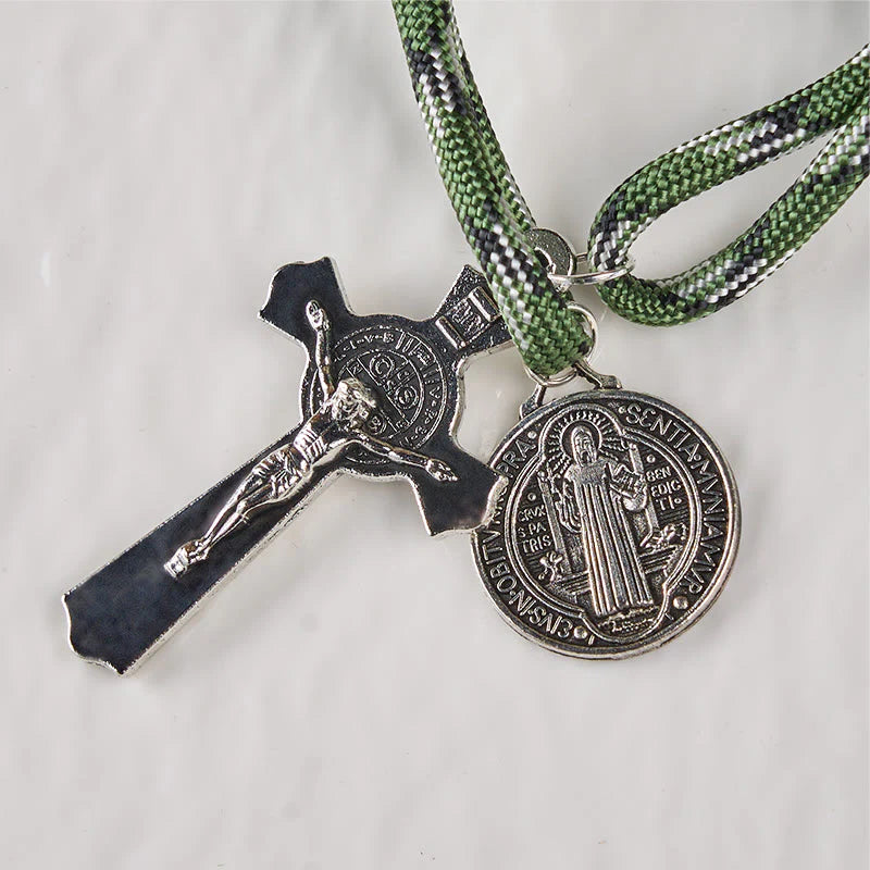 BlessingTree St. Benedict Pocket Rosary – Black Wood Beads with Green Paracord and Silver Crucifix