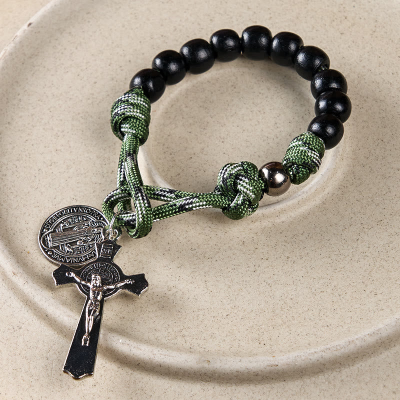BlessingTree St. Benedict Pocket Rosary – Black Wood Beads with Green Paracord and Silver Crucifix