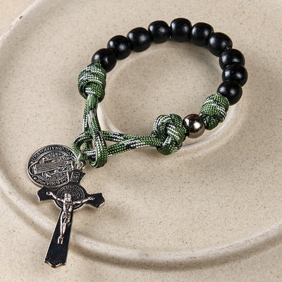 BlessingTree St. Benedict Pocket Rosary – Black Wood Beads with Green Paracord and Silver Crucifix