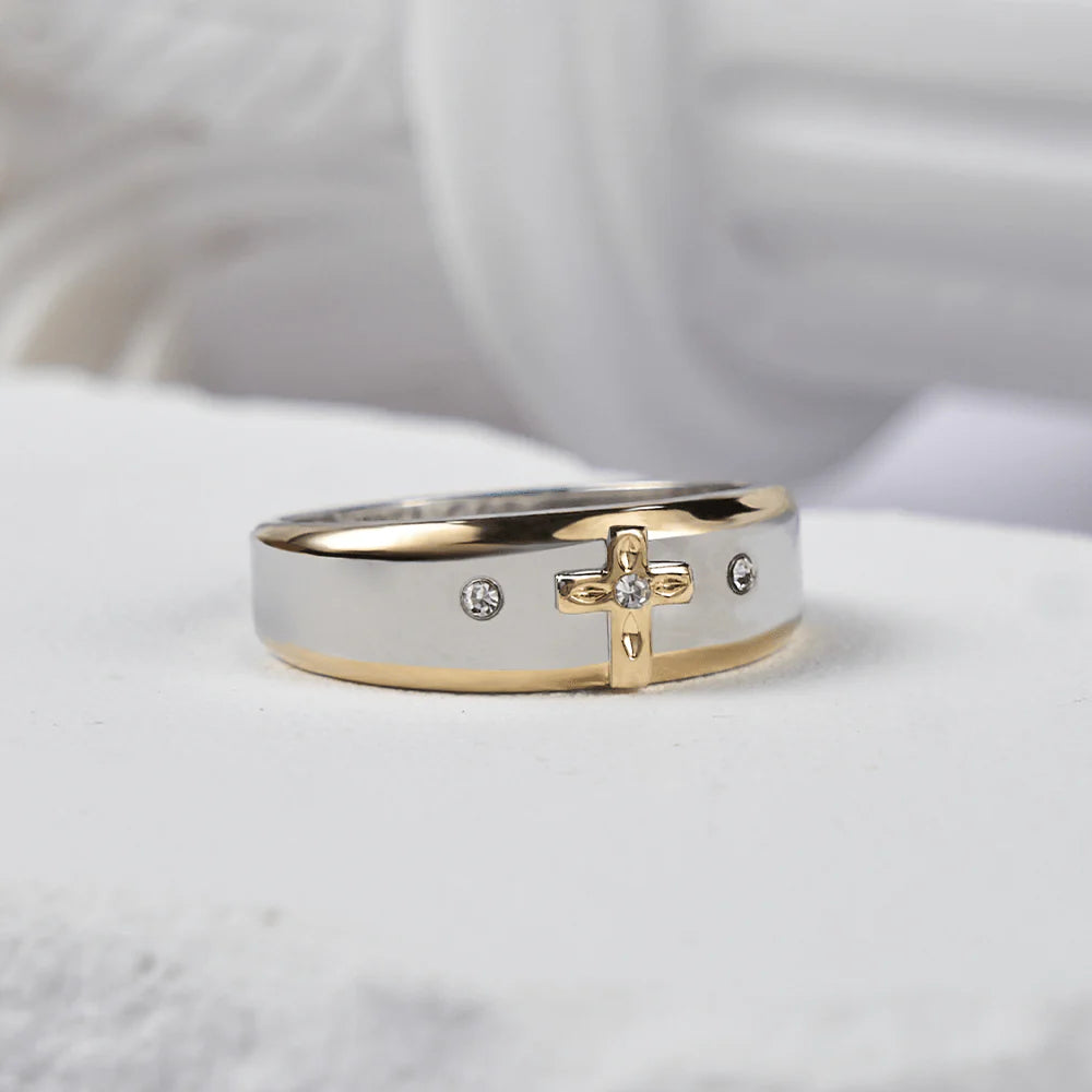 BlessingTree Two-Tone Cross Ring with Engraved Faith Message