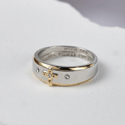 BlessingTree Two-Tone Cross Ring with Engraved Faith Message