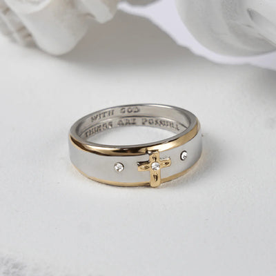 BlessingTree Two-Tone Cross Ring with Engraved Faith Message