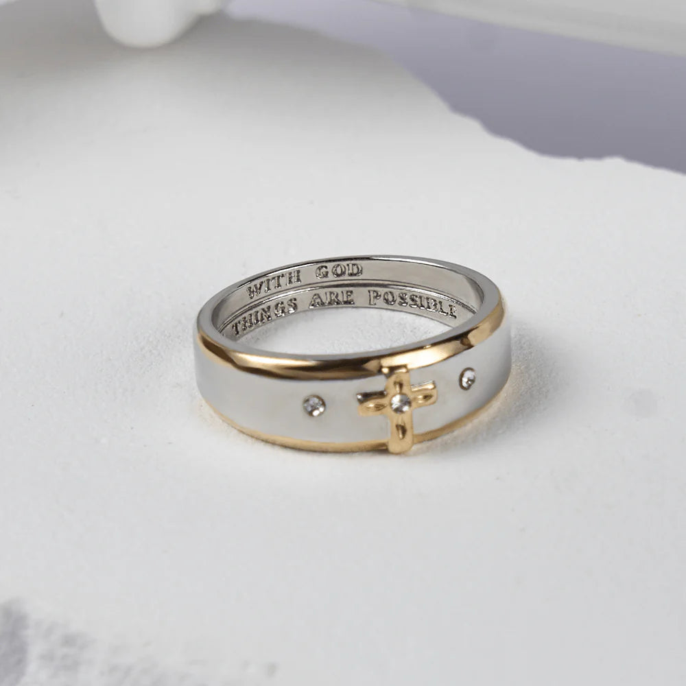 BlessingTree Two-Tone Cross Ring with Engraved Faith Message