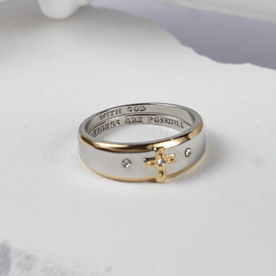 BlessingTree Two-Tone Cross Ring with Engraved Faith Message