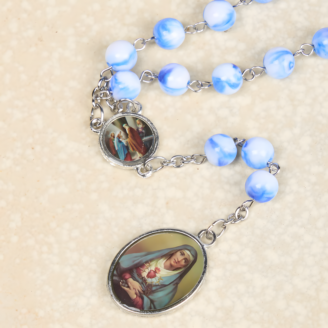 BlessingTree Seven Sorrows Rosary Necklace with Porcelain-Style Blue Acrylic Beads and Our Lady of Sorrows Medal