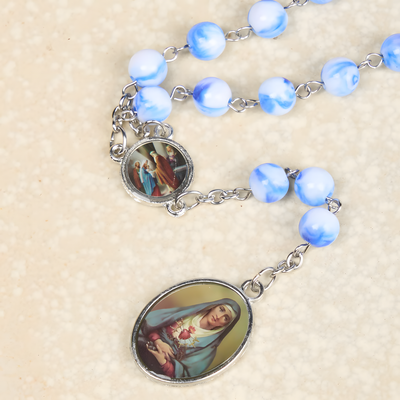 BlessingTree Seven Sorrows Rosary Necklace with Porcelain-Style Blue Acrylic Beads and Our Lady of Sorrows Medal