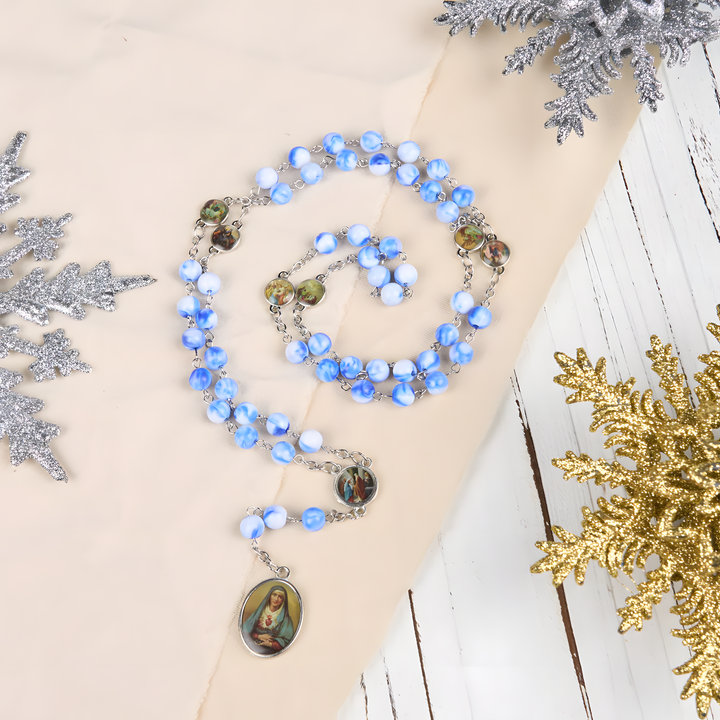BlessingTree Seven Sorrows Rosary Necklace with Porcelain-Style Blue Acrylic Beads and Our Lady of Sorrows Medal
