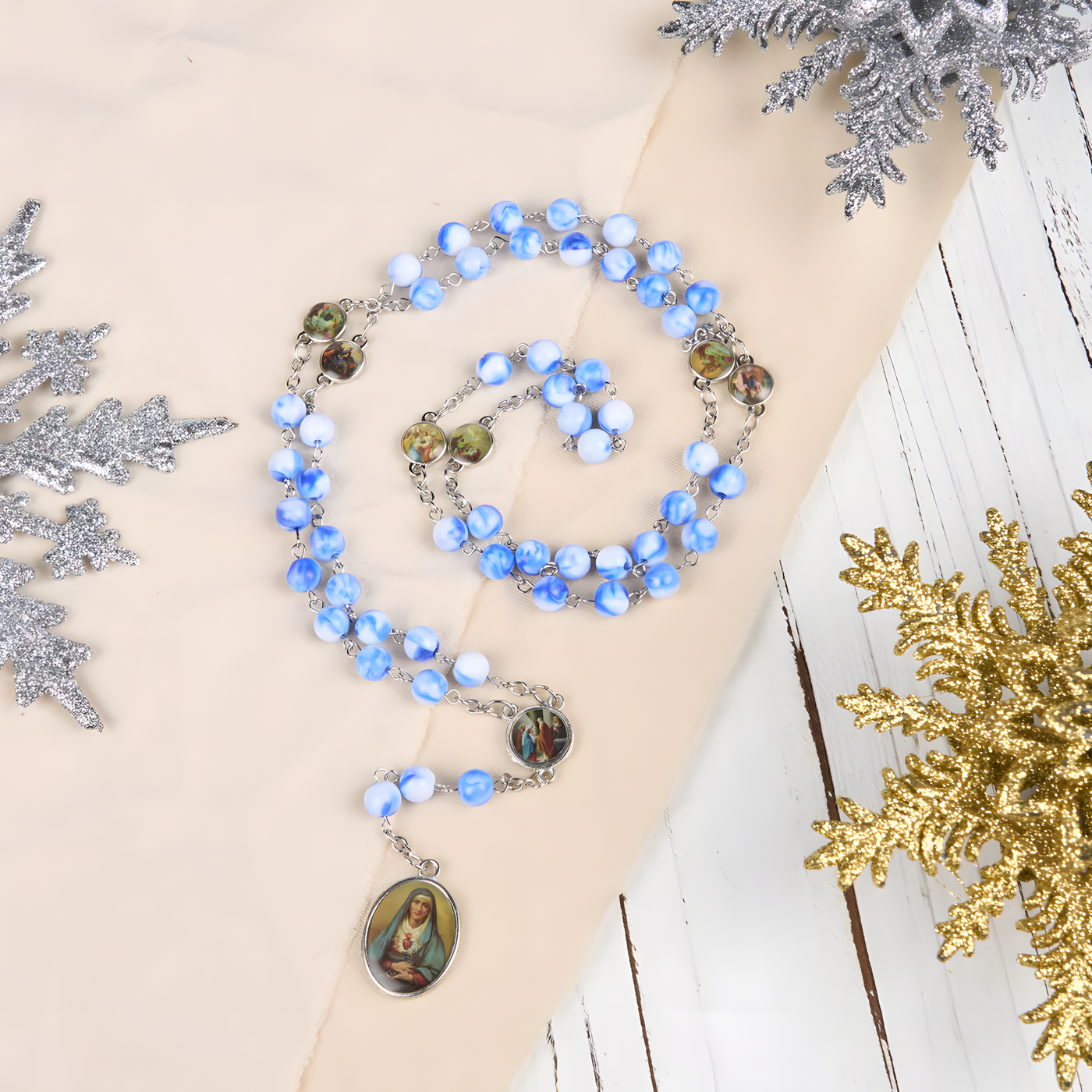 BlessingTree Seven Sorrows Rosary Necklace with Porcelain-Style Blue Acrylic Beads and Our Lady of Sorrows Medal