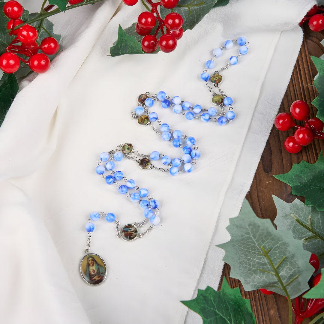 BlessingTree Seven Sorrows Rosary Necklace with Porcelain-Style Blue Acrylic Beads and Our Lady of Sorrows Medal