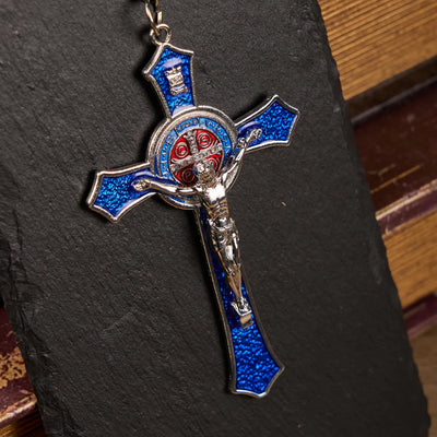 BlessingTree Saint Benedict Crucifix Necklace in Red, Blue, and Black Enamel