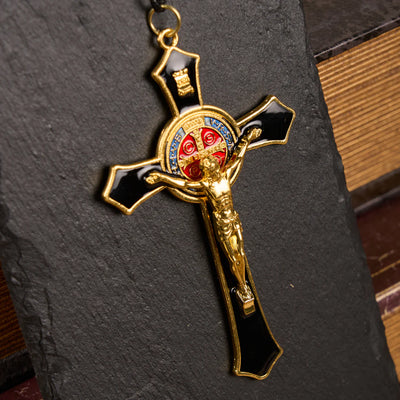BlessingTree Saint Benedict Crucifix Necklace in Red, Blue, and Black Enamel